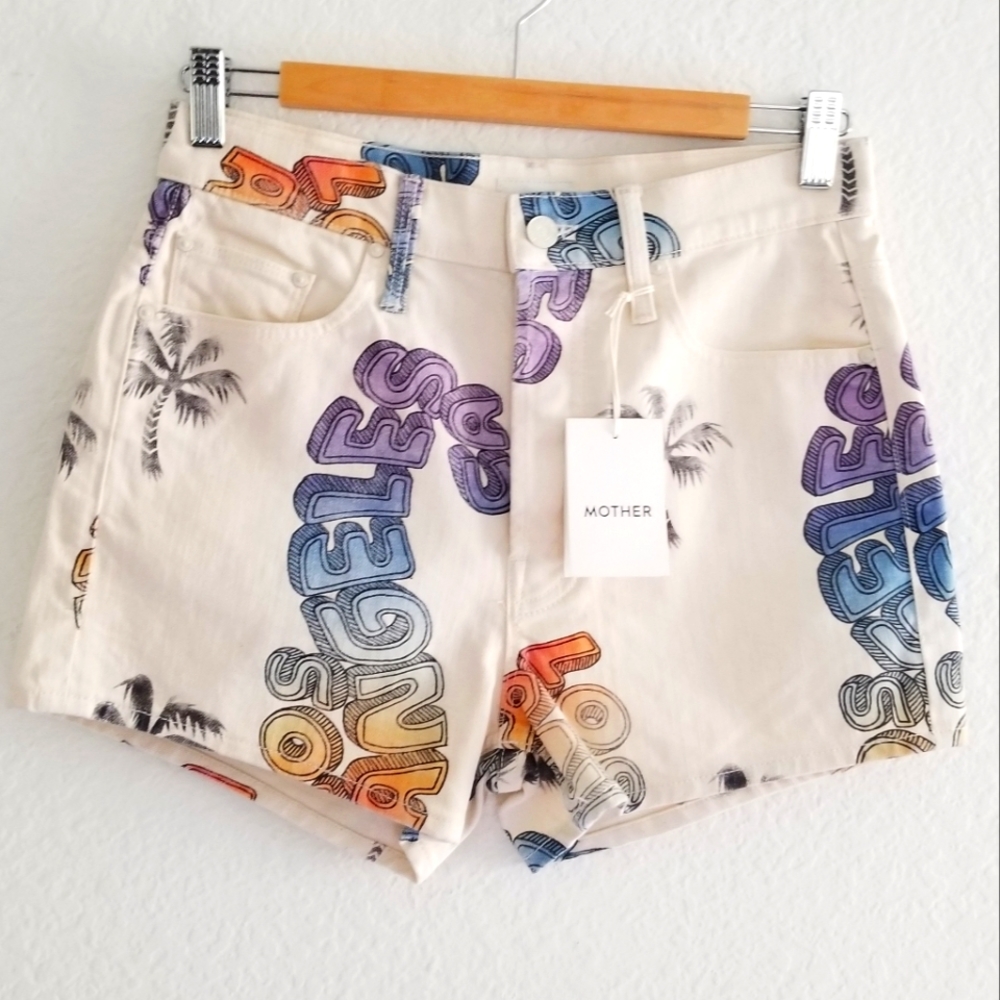 MOTHER The Tomcat Los Angeles Printed Denim Shorts Size 26 Cream Beige